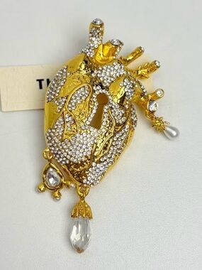 Schiaparelli Inspired Gold Crystal Anatomical Heart Brooch with Pearl Drop
